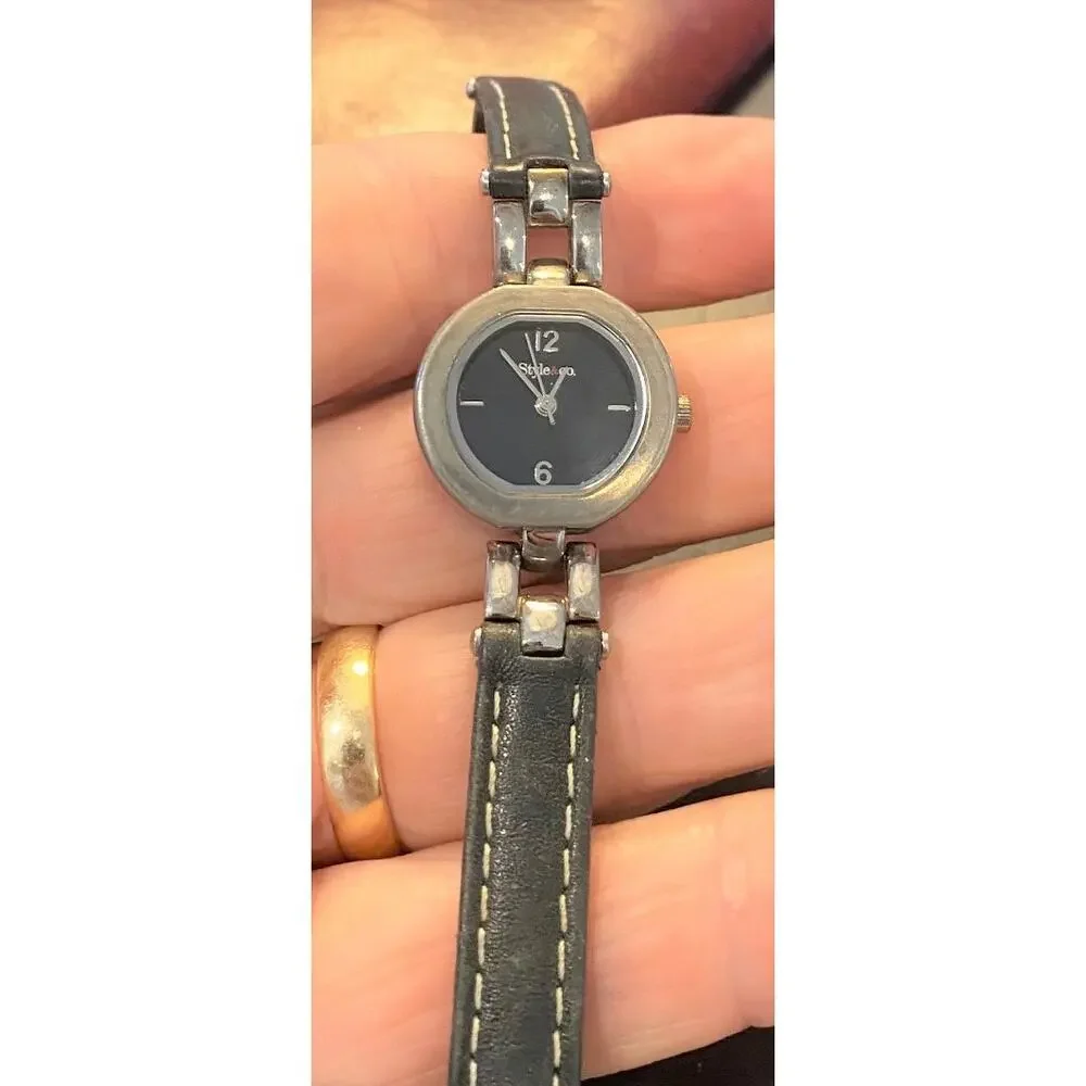 Women's 23mm Style&Co Watch, Metal Tone with Black Face and Leather Band